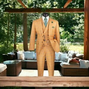 MEN'S VINCI 3 PIECE MODERN FIT ORANGE WINDOWPANE PLAID SUIT. MV2W-3